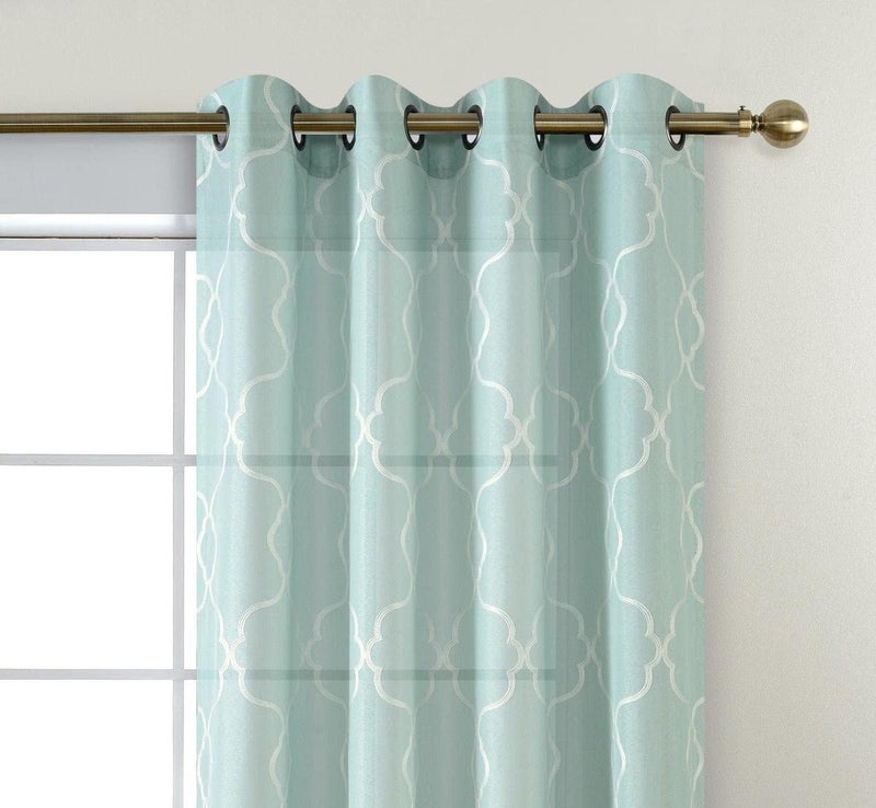 MIUCO Moroccan Embroidery Semi Sheer Curtains Faux Linen Grommet Panels for Living Room 52 x 84 Inch 2 Panels Set, Subtle Green - Image 1